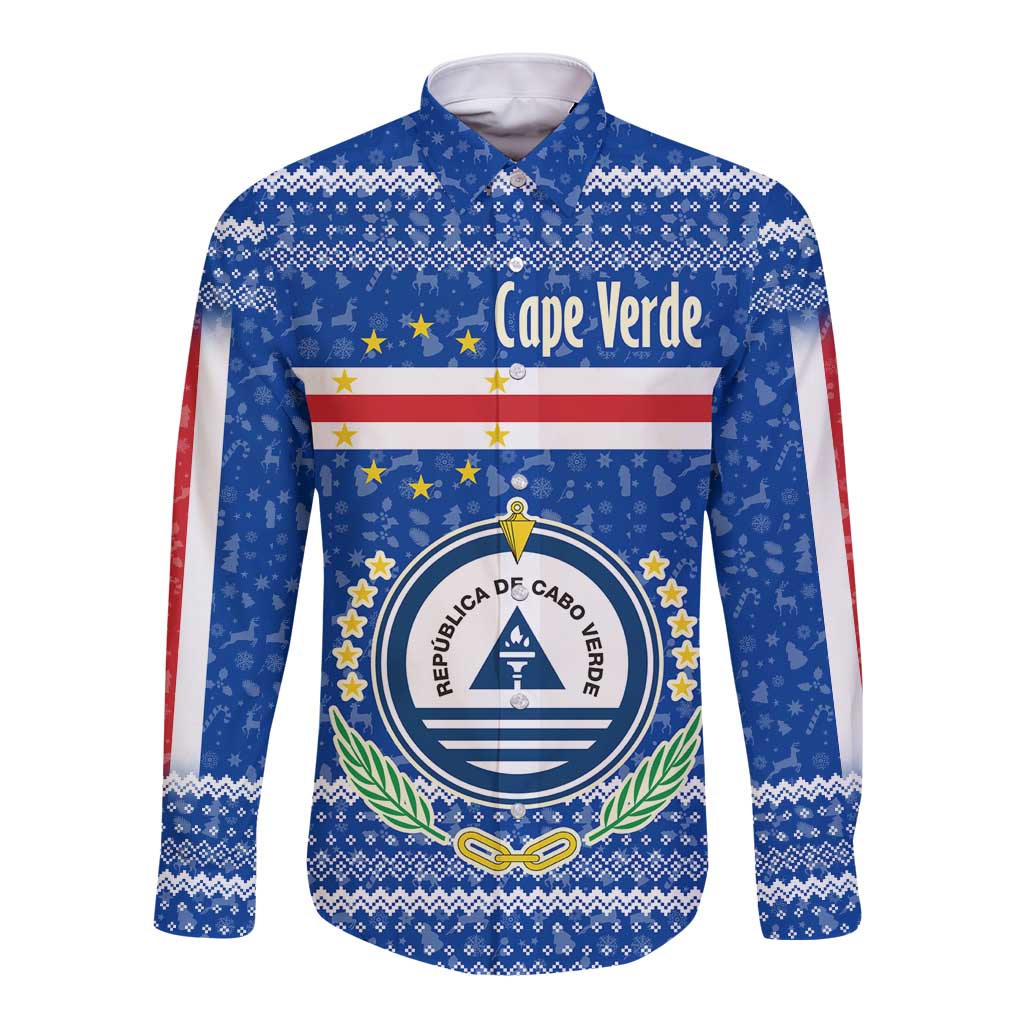 Cape Verde Christmas Long Sleeve Button Shirt with Blue Festive Pattern Sailing Santa and National Emblem Motif - Wonder Print Shop