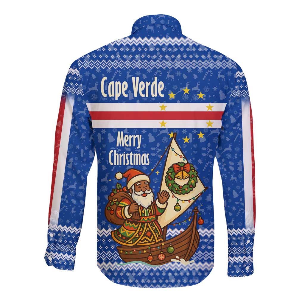 Cape Verde Christmas Long Sleeve Button Shirt with Blue Festive Pattern Sailing Santa and National Emblem Motif - Wonder Print Shop