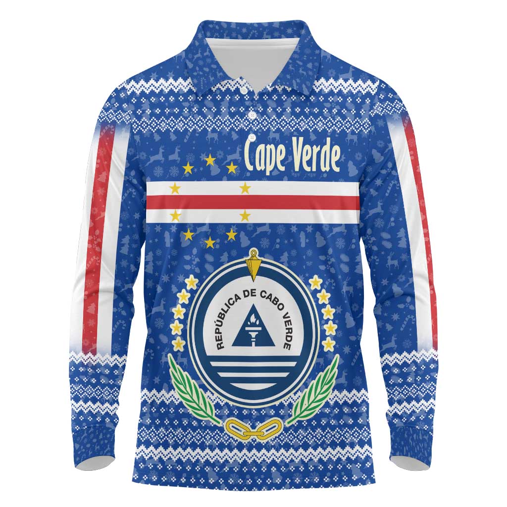 Cape Verde Christmas Long Sleeve Polo Shirt with Blue Festive Pattern Sailing Santa and National Emblem Motif - Wonder Print Shop