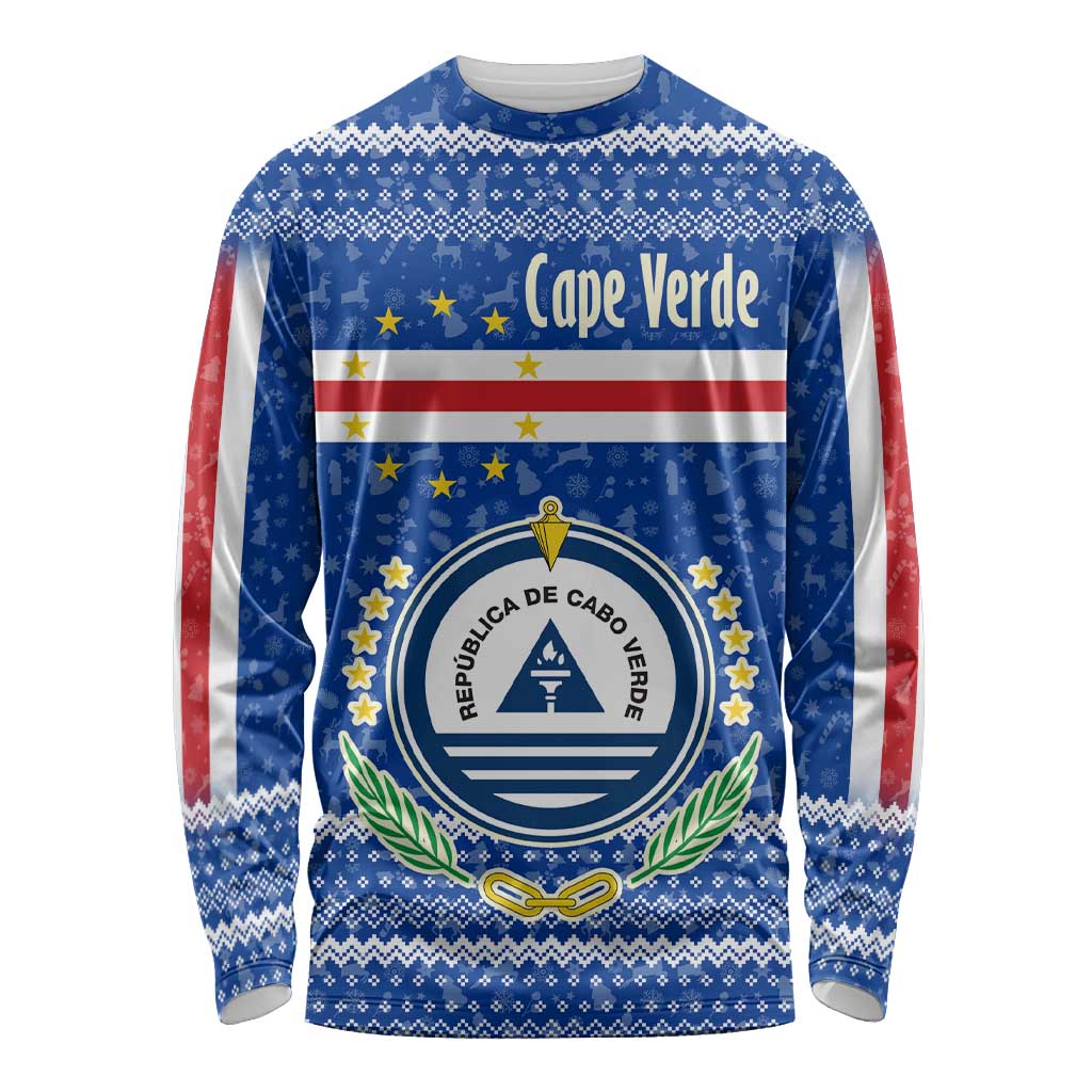Cape Verde Christmas Long Sleeve Shirt with Blue Festive Pattern Sailing Santa and National Emblem Motif - Wonder Print Shop