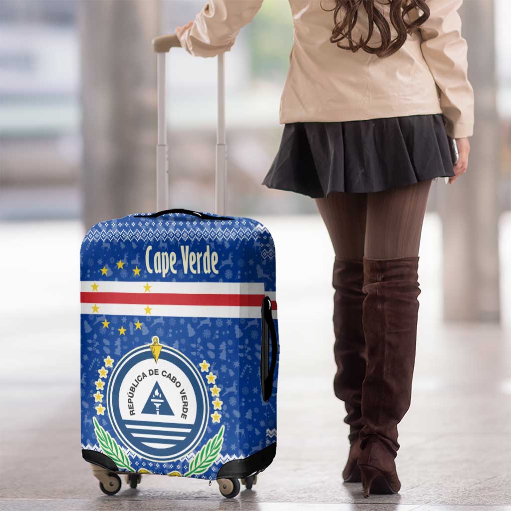 Cape Verde Christmas Luggage Cover with Blue Festive Pattern Sailing Santa and National Emblem Motif - Wonder Print Shop