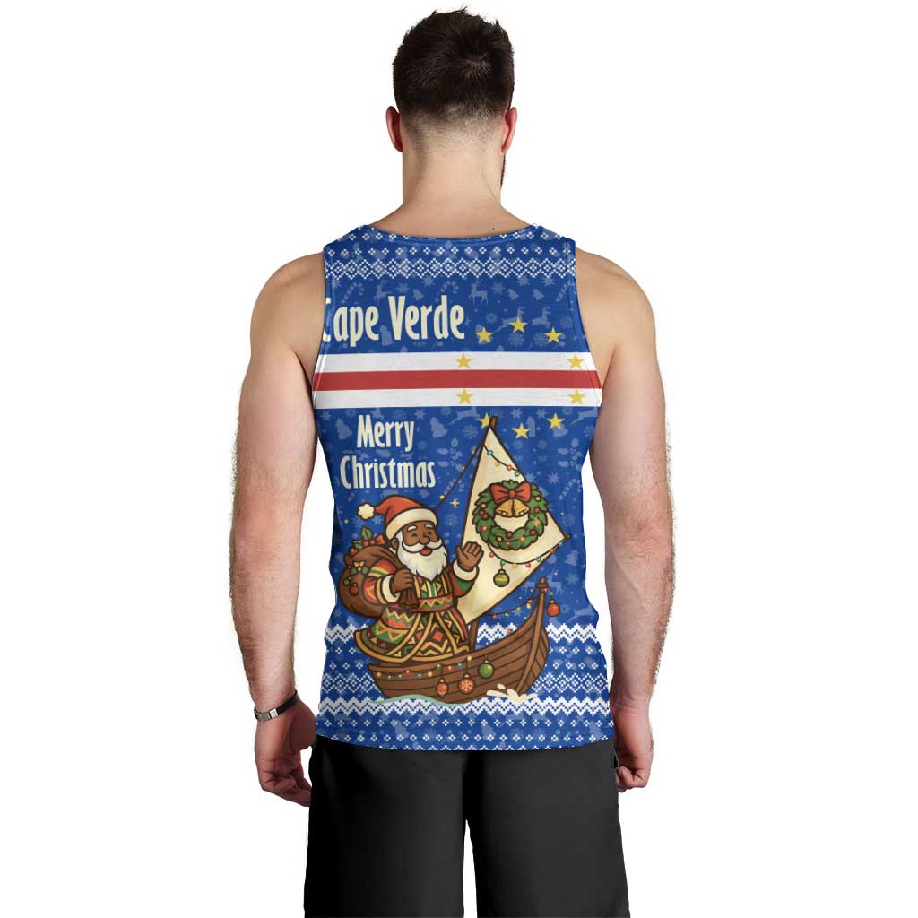 Cape Verde Christmas Men Tank Top with Blue Festive Pattern Sailing Santa and National Emblem Motif - Wonder Print Shop