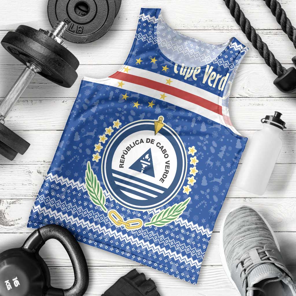 Cape Verde Christmas Men Tank Top with Blue Festive Pattern Sailing Santa and National Emblem Motif - Wonder Print Shop