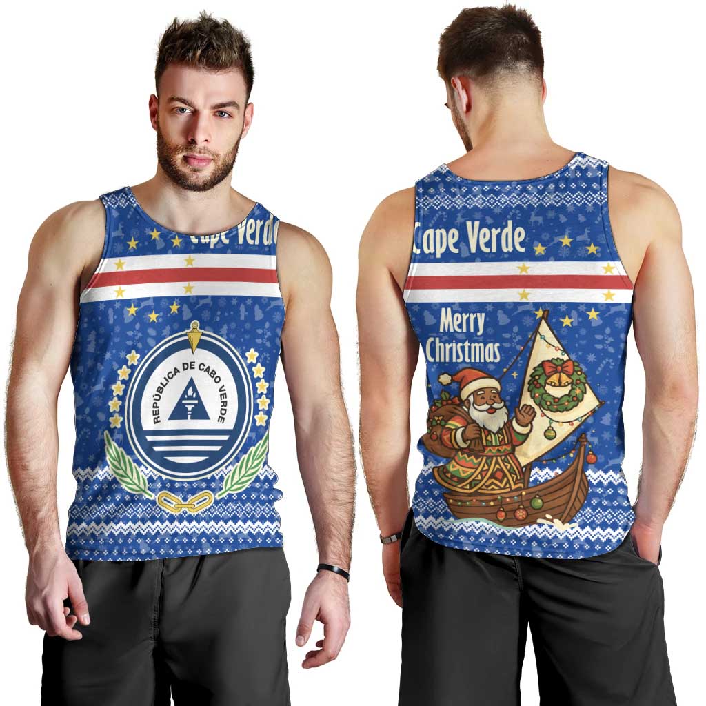 Cape Verde Christmas Men Tank Top with Blue Festive Pattern Sailing Santa and National Emblem Motif - Wonder Print Shop