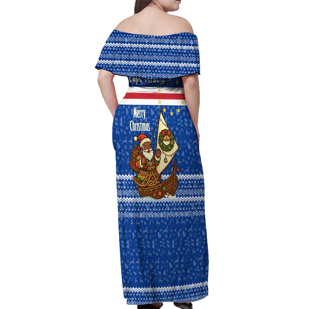 Cape Verde Christmas Off Shoulder Maxi Dress with Blue Festive Pattern Sailing Santa and National Emblem Motif - Wonder Print Shop