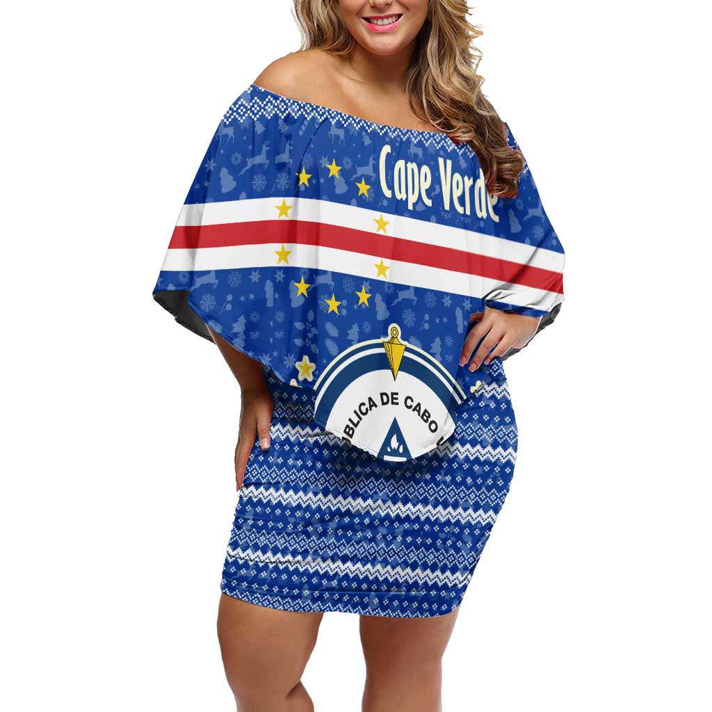 Cape Verde Christmas Off Shoulder Short Dress with Blue Festive Pattern Sailing Santa and National Emblem Motif - Wonder Print Shop