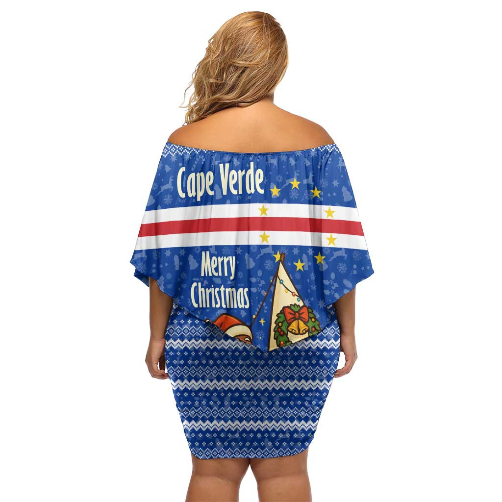 Cape Verde Christmas Off Shoulder Short Dress with Blue Festive Pattern Sailing Santa and National Emblem Motif - Wonder Print Shop