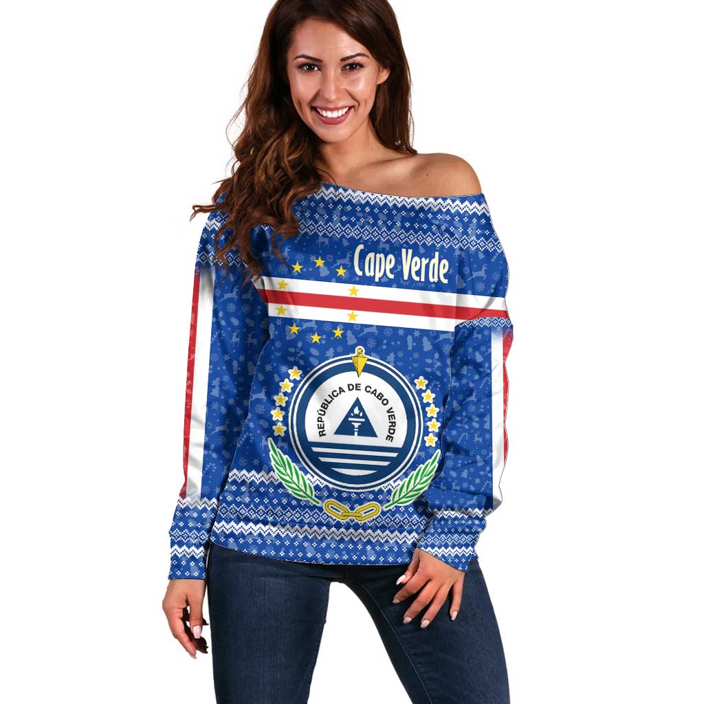 Cape Verde Christmas Off Shoulder Sweater with Blue Festive Pattern Sailing Santa and National Emblem Motif - Wonder Print Shop