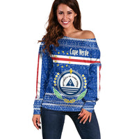 Cape Verde Christmas Off Shoulder Sweater with Blue Festive Pattern Sailing Santa and National Emblem Motif - Wonder Print Shop