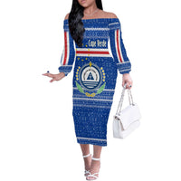 Cape Verde Christmas Off The Shoulder Long Sleeve Dress with Blue Festive Pattern Sailing Santa and National Emblem Motif - Wonder Print Shop