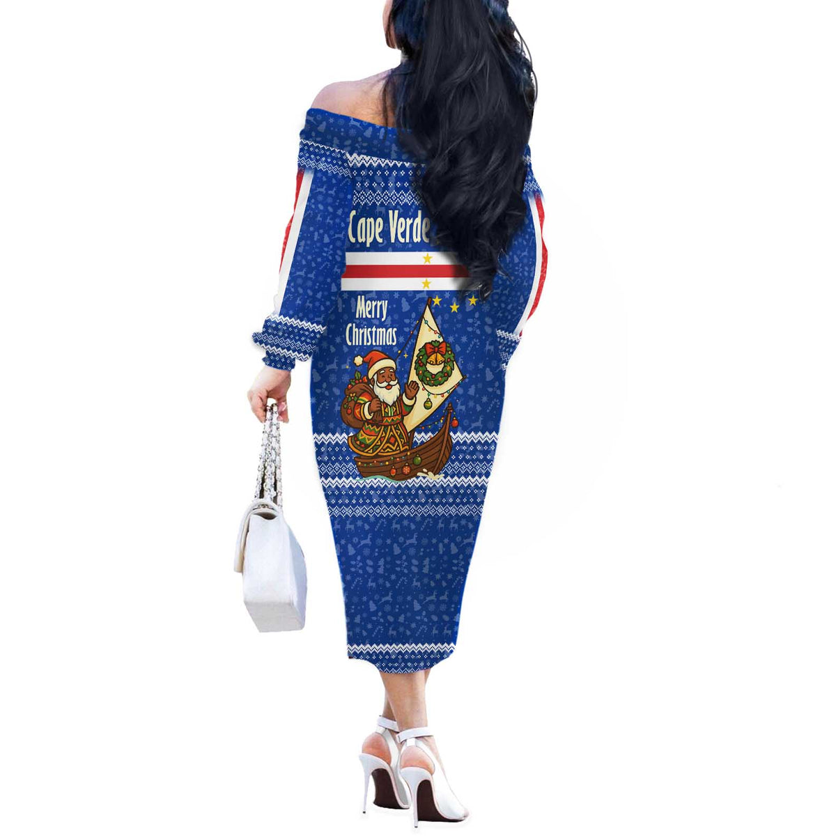 Cape Verde Christmas Off The Shoulder Long Sleeve Dress with Blue Festive Pattern Sailing Santa and National Emblem Motif - Wonder Print Shop