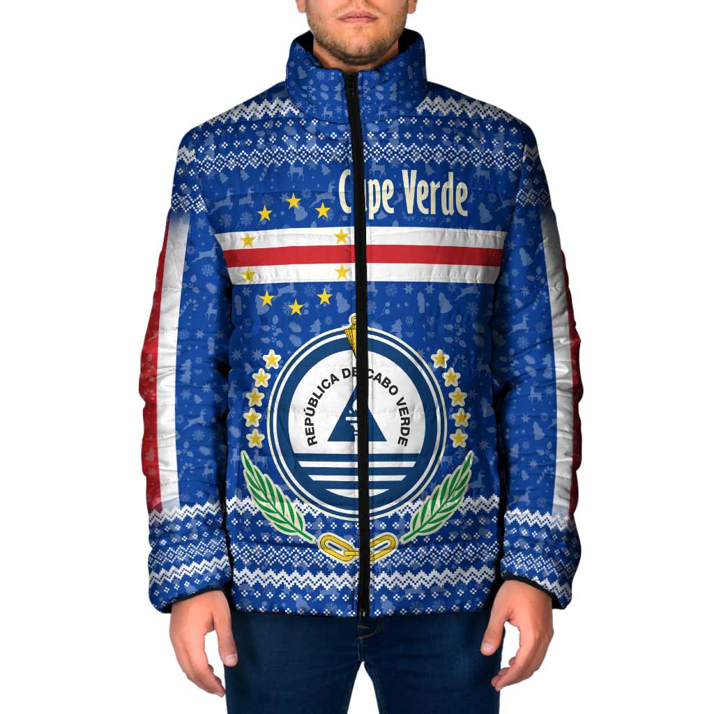 Cape Verde Christmas Padded Jacket with Blue Festive Pattern Sailing Santa and National Emblem Motif - Wonder Print Shop