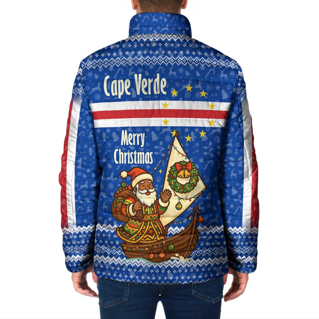 Cape Verde Christmas Padded Jacket with Blue Festive Pattern Sailing Santa and National Emblem Motif - Wonder Print Shop