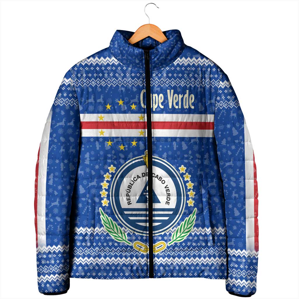 Cape Verde Christmas Padded Jacket with Blue Festive Pattern Sailing Santa and National Emblem Motif - Wonder Print Shop