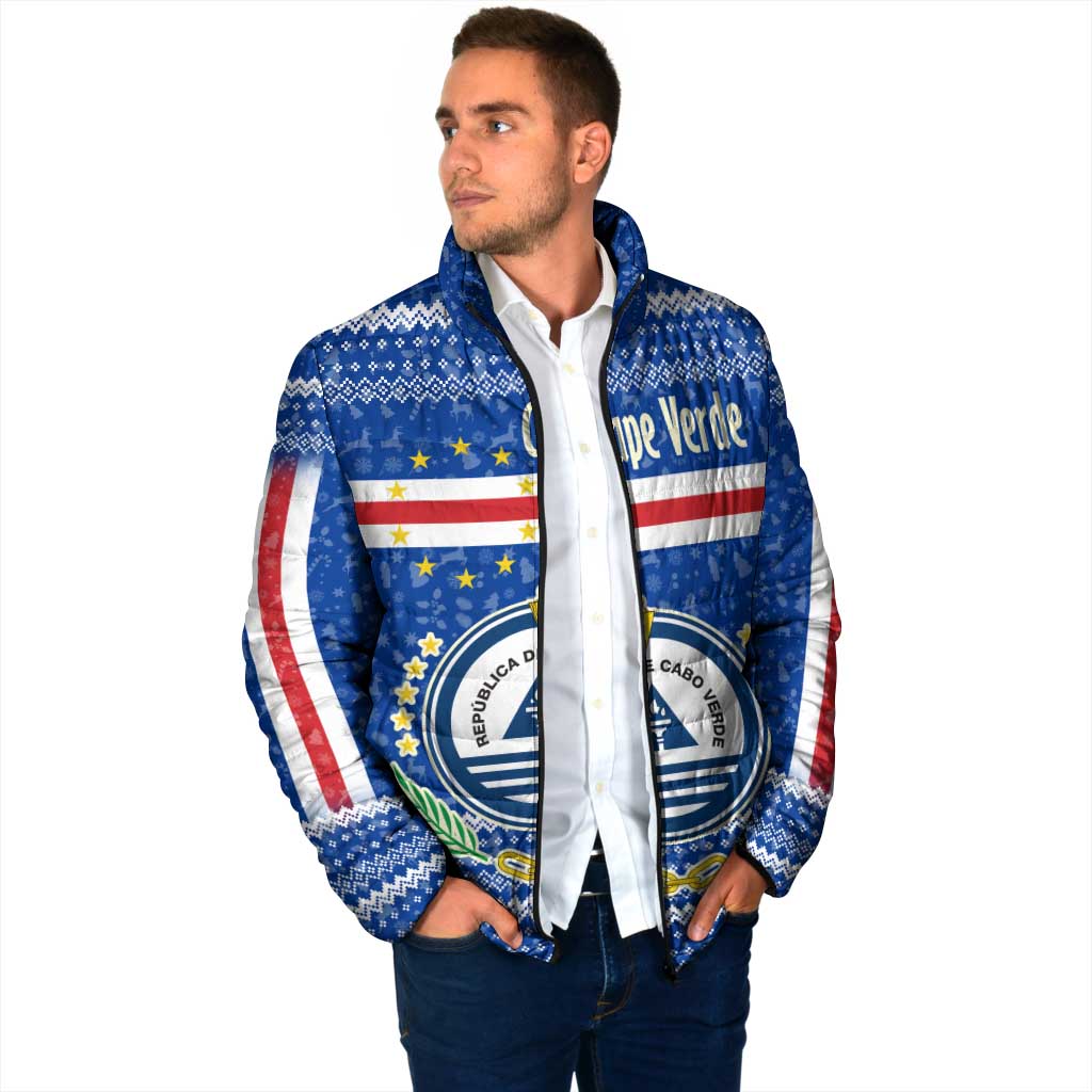 Cape Verde Christmas Padded Jacket with Blue Festive Pattern Sailing Santa and National Emblem Motif - Wonder Print Shop