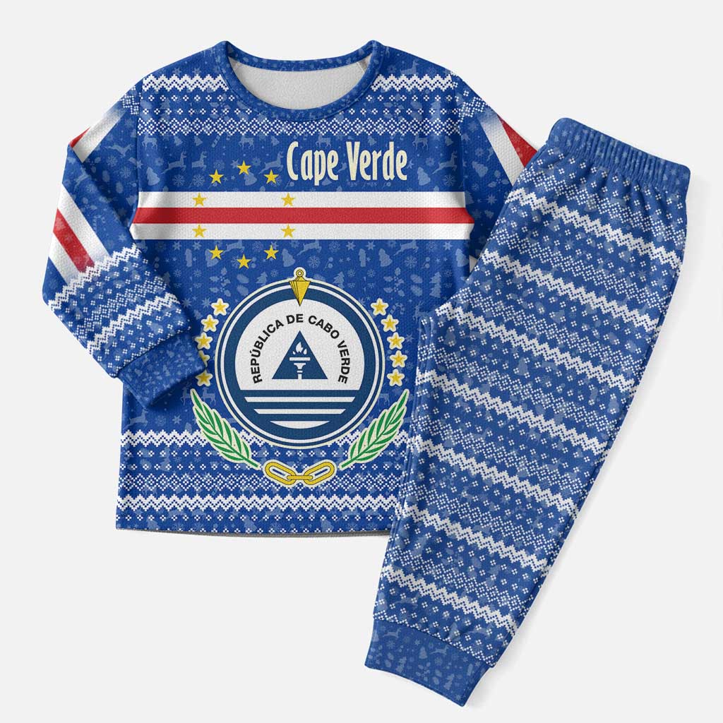 Cape Verde Christmas Pajama Set with Blue Festive Pattern Sailing Santa and National Emblem Motif - Wonder Print Shop