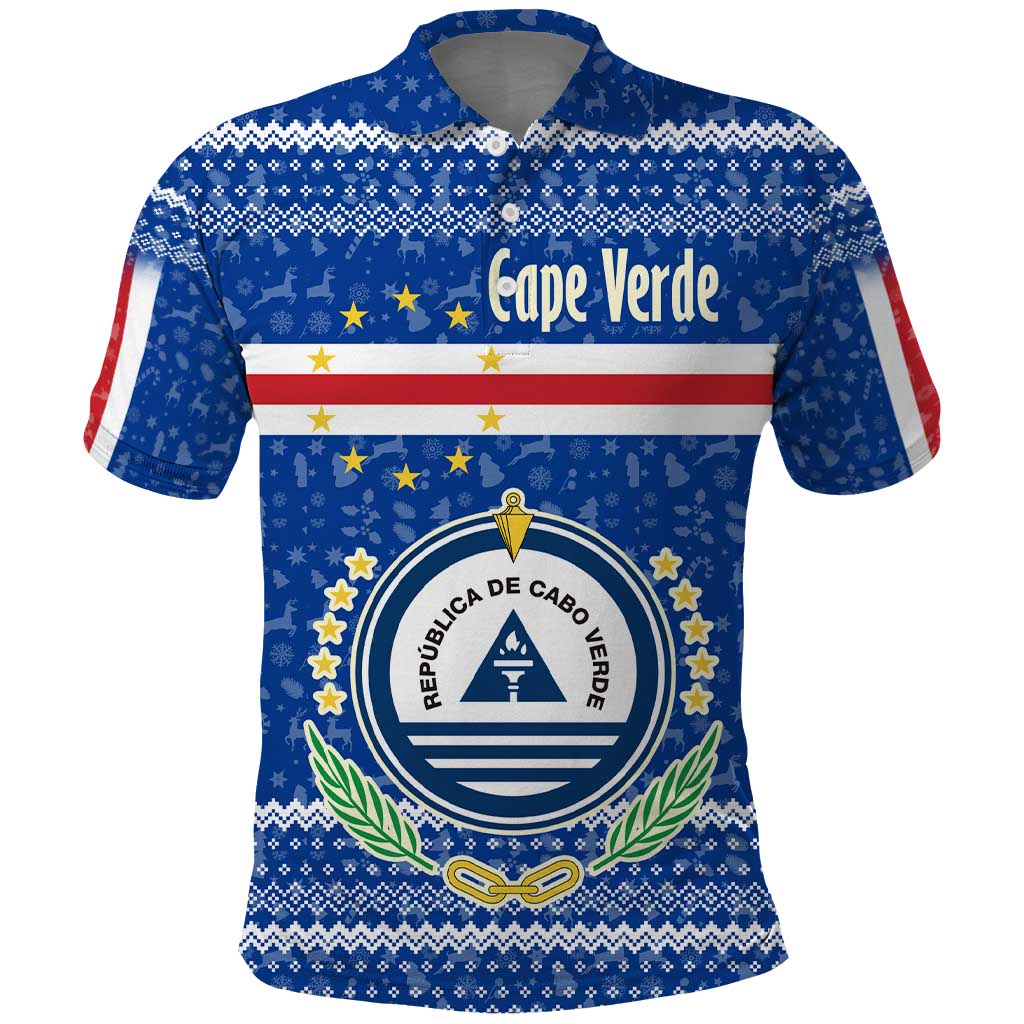 Cape Verde Christmas Polo Shirt with Blue Festive Pattern Sailing Santa and National Emblem Motif - Wonder Print Shop