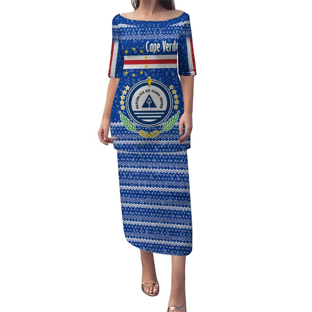 Cape Verde Christmas Puletasi with Blue Festive Pattern Sailing Santa and National Emblem Motif - Wonder Print Shop