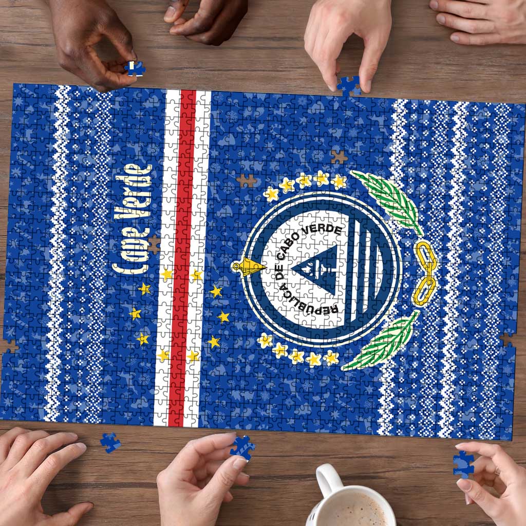 Cape Verde Christmas Puzzle with Blue Festive Pattern Sailing Santa and National Emblem Motif - Wonder Print Shop