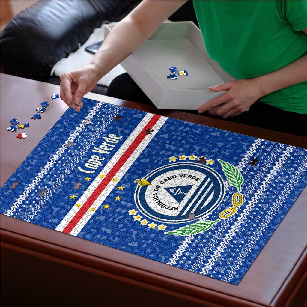Cape Verde Christmas Puzzle with Blue Festive Pattern Sailing Santa and National Emblem Motif - Wonder Print Shop