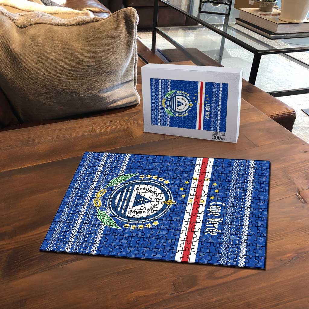 Cape Verde Christmas Puzzle with Blue Festive Pattern Sailing Santa and National Emblem Motif - Wonder Print Shop