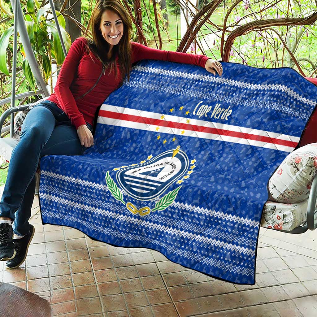Cape Verde Christmas Quilt with Blue Festive Pattern Sailing Santa and National Emblem Motif - Wonder Print Shop