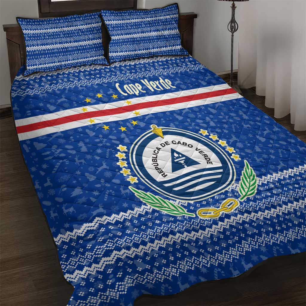 Cape Verde Christmas Quilt Bed Set with Blue Festive Pattern Sailing Santa and National Emblem Motif - Wonder Print Shop
