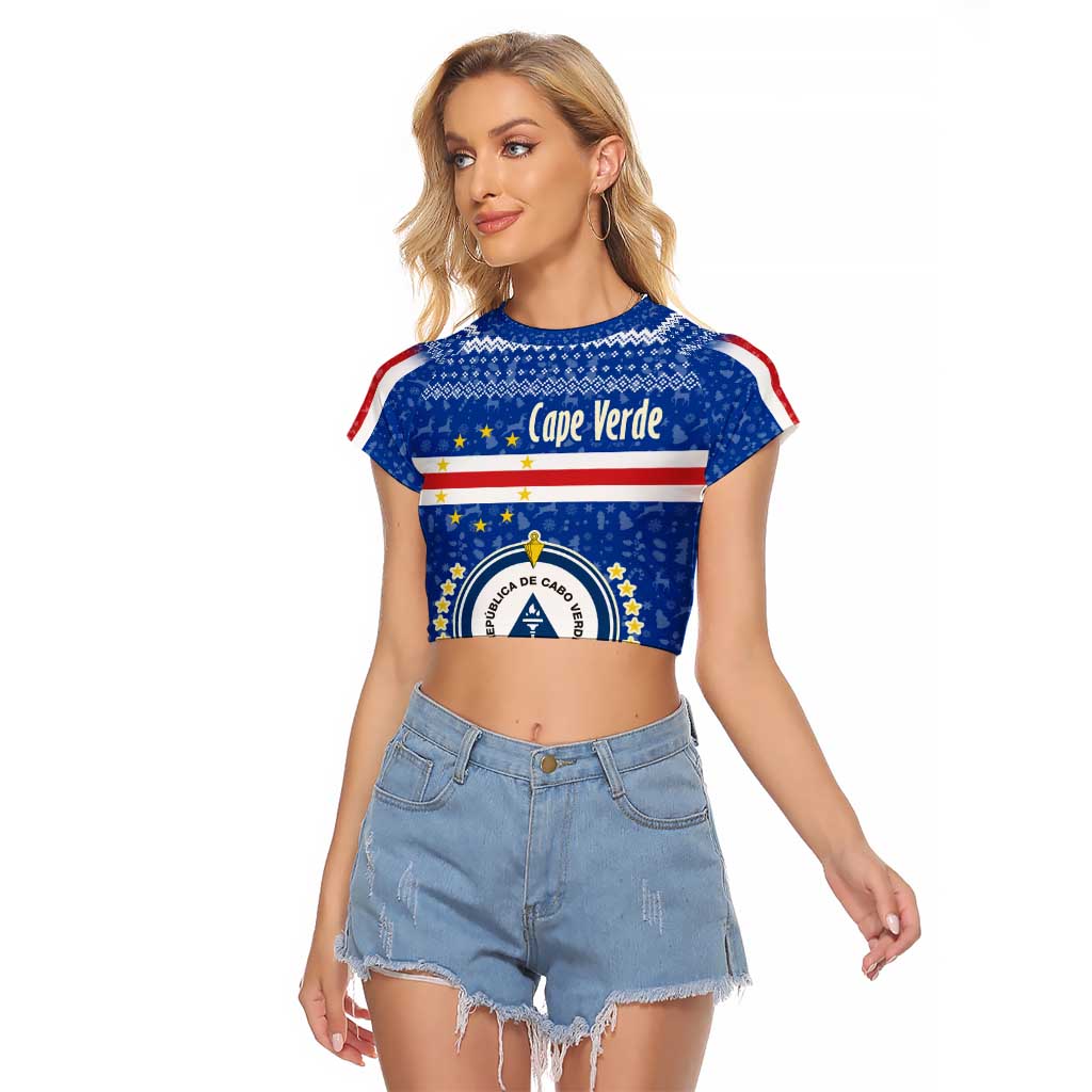 Cape Verde Christmas Raglan Cropped T Shirt with Blue Festive Pattern Sailing Santa and National Emblem Motif - Wonder Print Shop