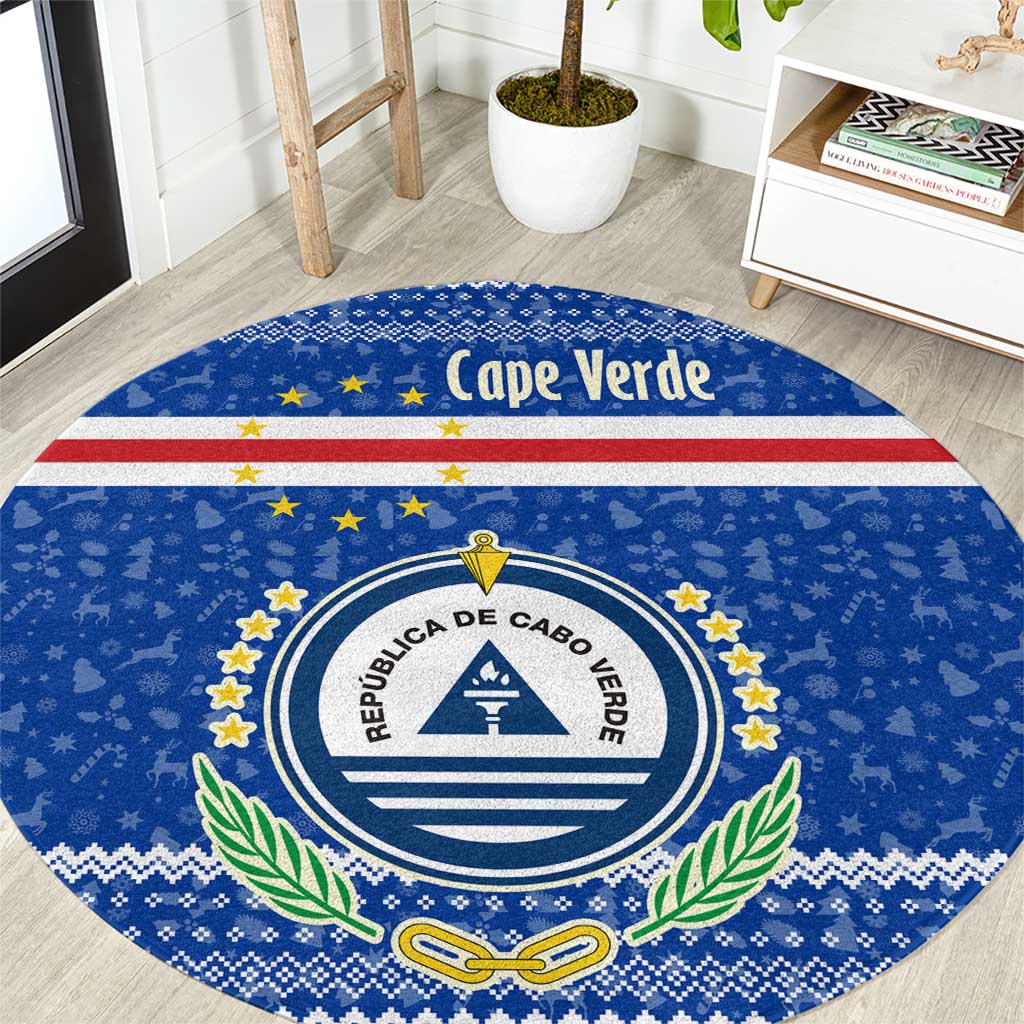 Cape Verde Christmas Round Carpet with Blue Festive Pattern Sailing Santa and National Emblem Motif - Wonder Print Shop