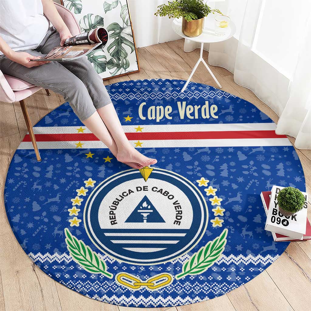 Cape Verde Christmas Round Carpet with Blue Festive Pattern Sailing Santa and National Emblem Motif - Wonder Print Shop