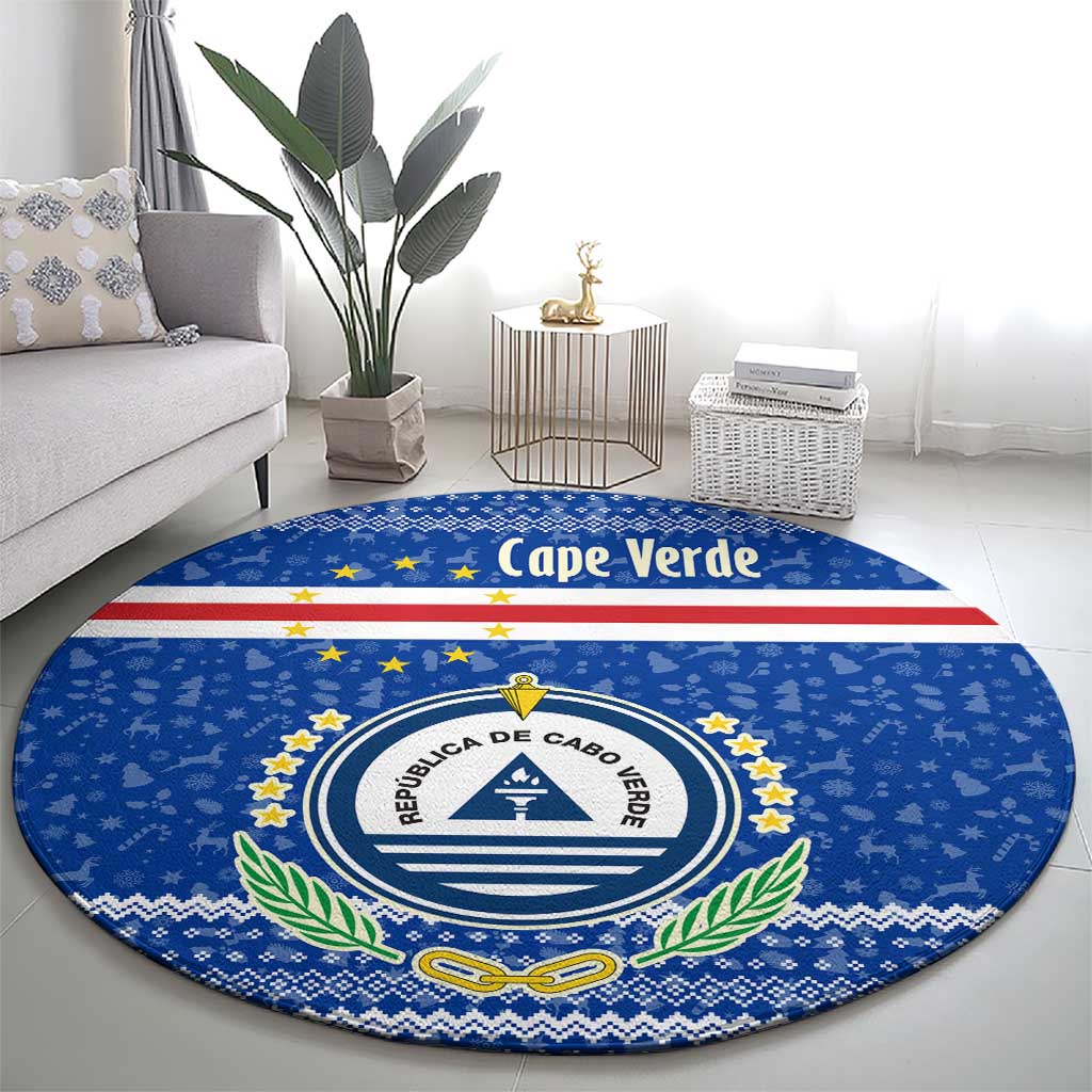 Cape Verde Christmas Round Carpet with Blue Festive Pattern Sailing Santa and National Emblem Motif - Wonder Print Shop