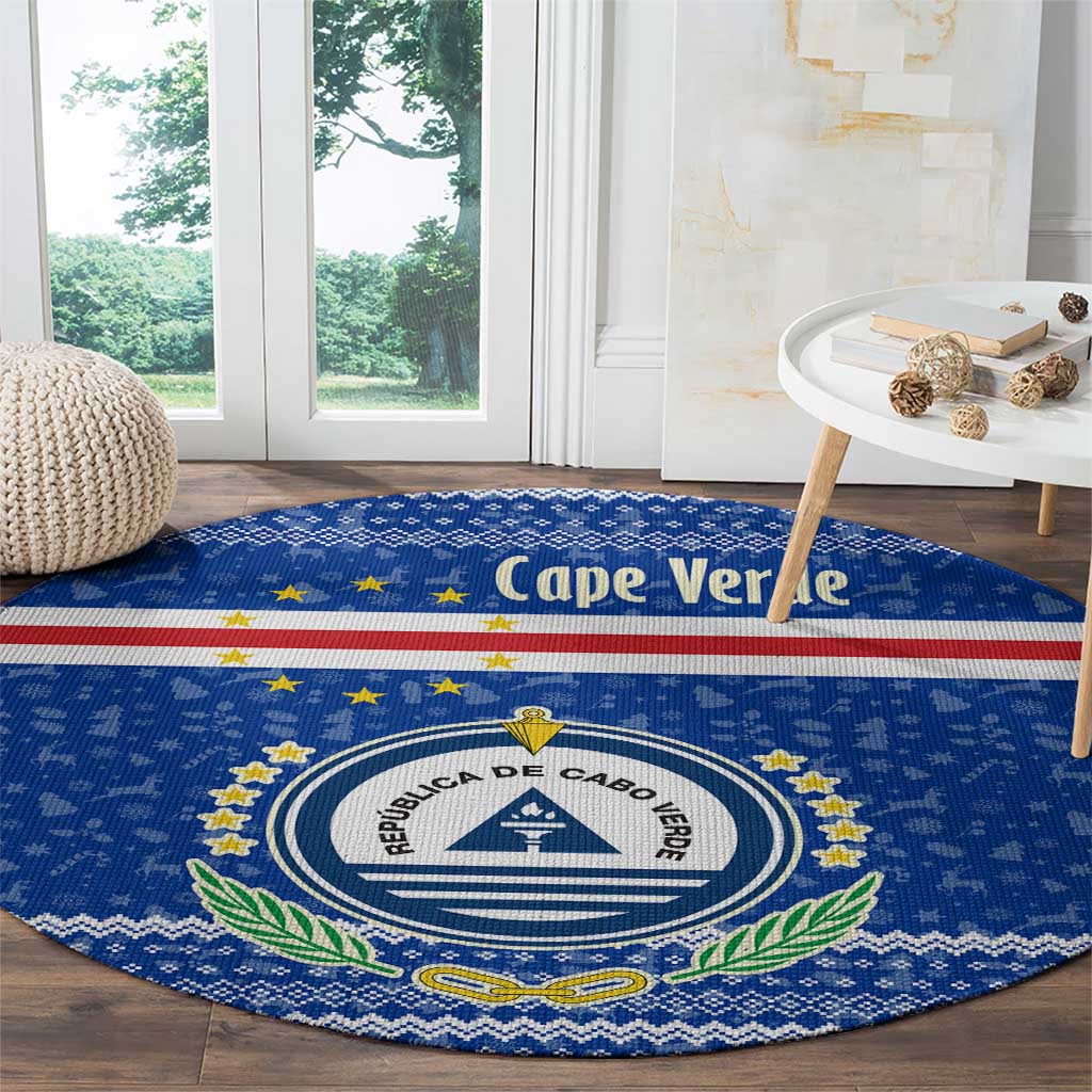 Cape Verde Christmas Round Carpet with Blue Festive Pattern Sailing Santa and National Emblem Motif - Wonder Print Shop