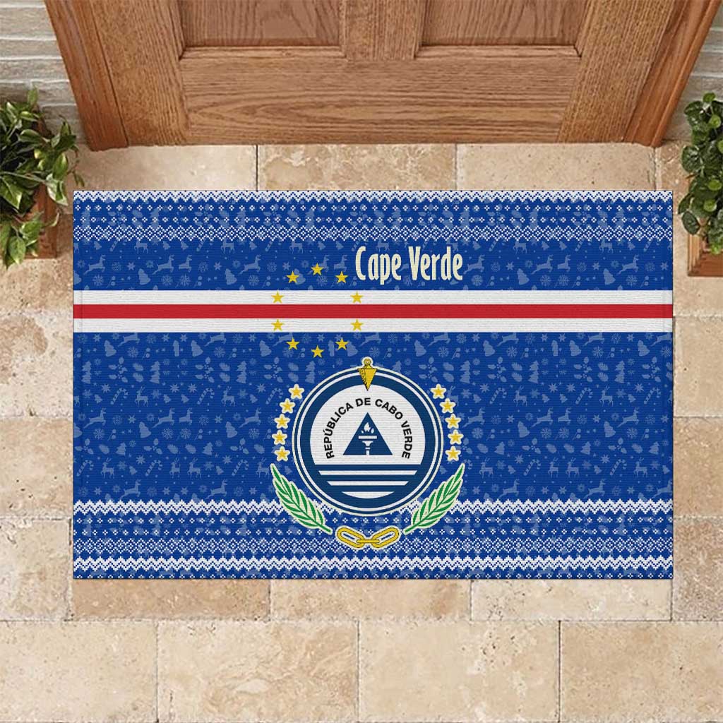 Cape Verde Christmas Rubber Doormat with Blue Festive Pattern Sailing Santa and National Emblem Motif - Wonder Print Shop