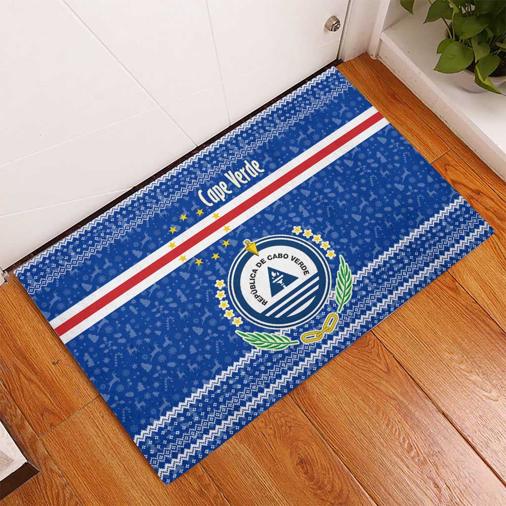 Cape Verde Christmas Rubber Doormat with Blue Festive Pattern Sailing Santa and National Emblem Motif - Wonder Print Shop