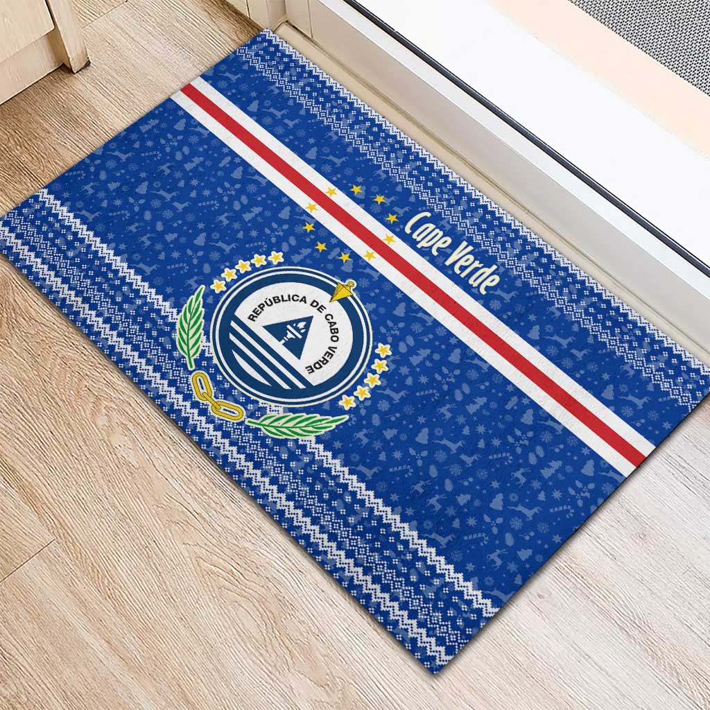 Cape Verde Christmas Rubber Doormat with Blue Festive Pattern Sailing Santa and National Emblem Motif - Wonder Print Shop