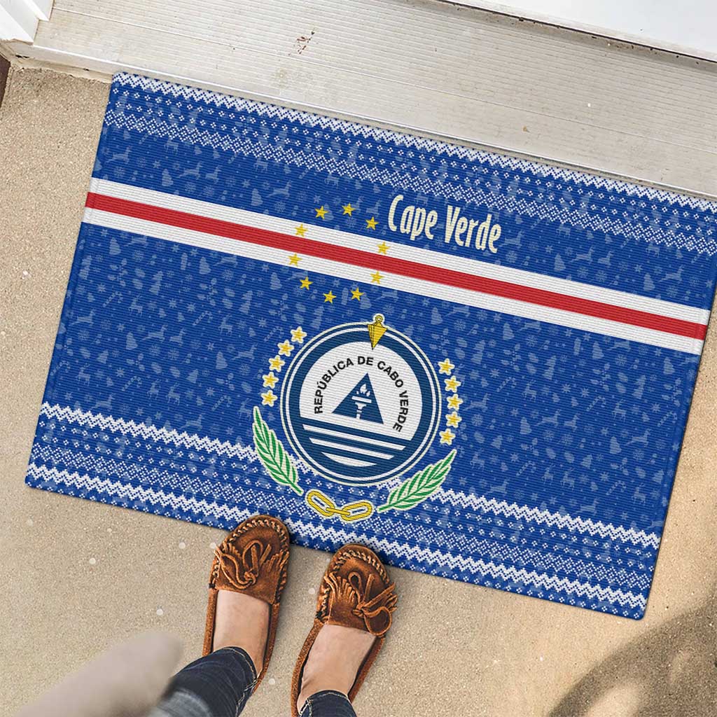 Cape Verde Christmas Rubber Doormat with Blue Festive Pattern Sailing Santa and National Emblem Motif - Wonder Print Shop