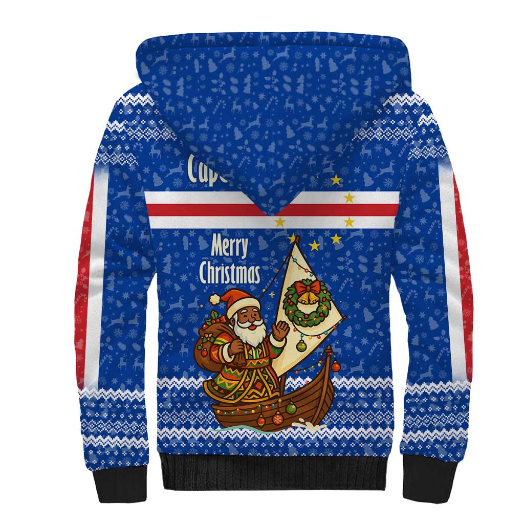 Cape Verde Christmas Sherpa Hoodie with Blue Festive Pattern Sailing Santa and National Emblem Motif - Wonder Print Shop