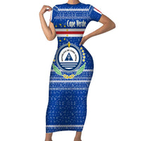 Cape Verde Christmas Short Sleeve Bodycon Dress with Blue Festive Pattern Sailing Santa and National Emblem Motif - Wonder Print Shop