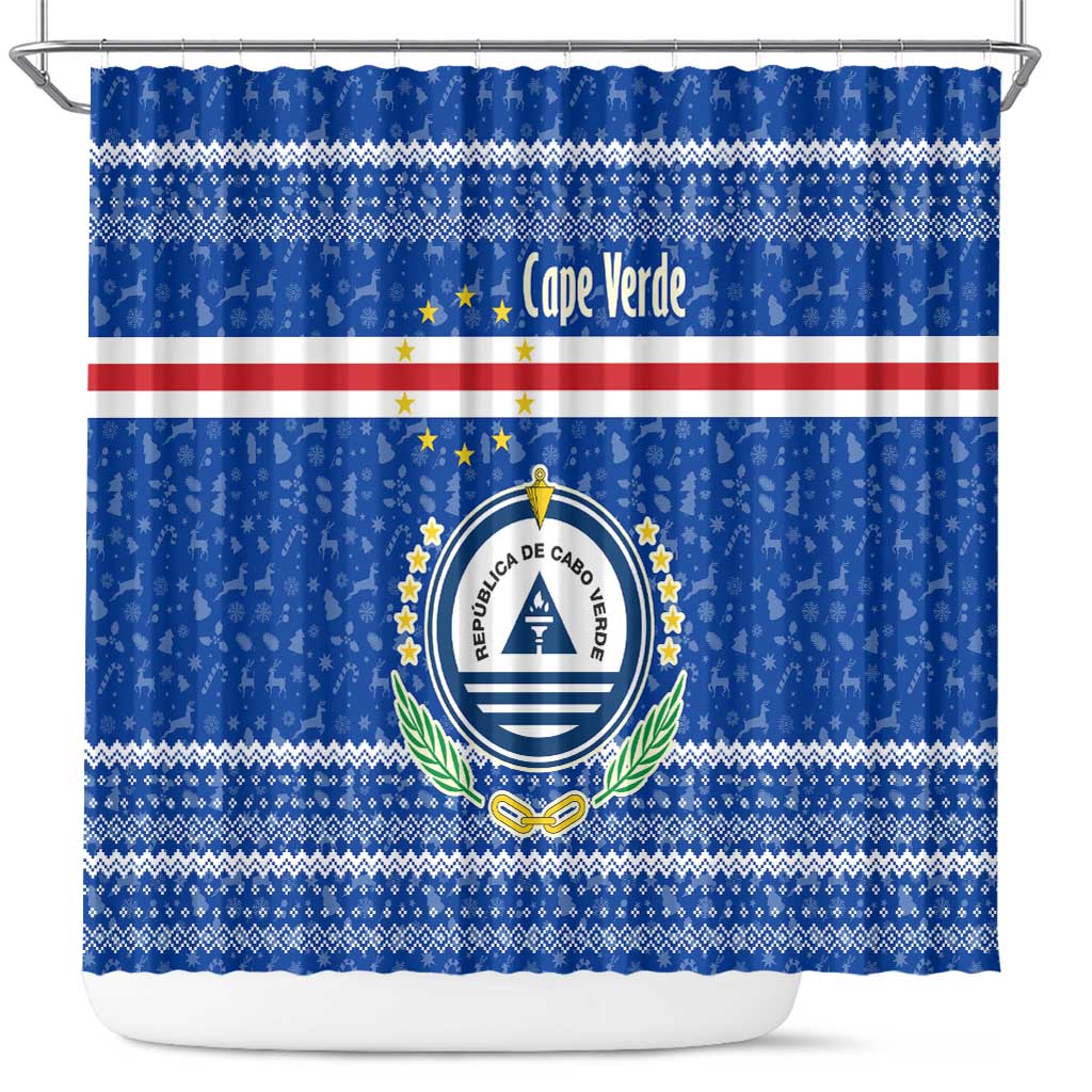 Cape Verde Christmas Shower Curtain with Blue Festive Pattern Sailing Santa and National Emblem Motif - Wonder Print Shop