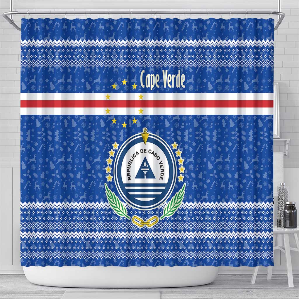 Cape Verde Christmas Shower Curtain with Blue Festive Pattern Sailing Santa and National Emblem Motif - Wonder Print Shop