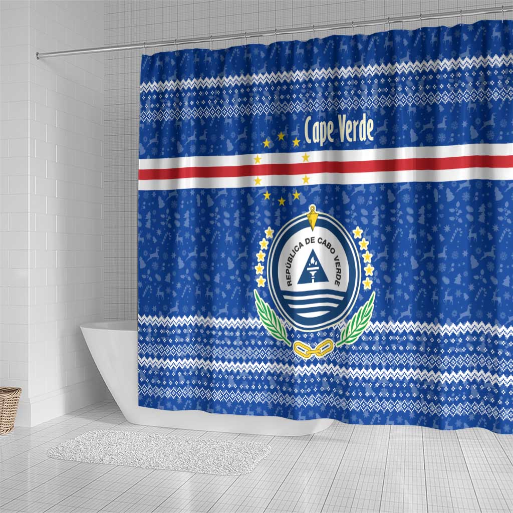 Cape Verde Christmas Shower Curtain with Blue Festive Pattern Sailing Santa and National Emblem Motif - Wonder Print Shop