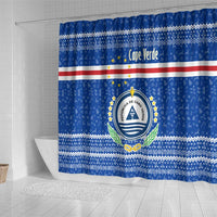 Cape Verde Christmas Shower Curtain with Blue Festive Pattern Sailing Santa and National Emblem Motif - Wonder Print Shop