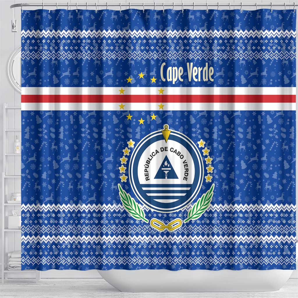 Cape Verde Christmas Shower Curtain with Blue Festive Pattern Sailing Santa and National Emblem Motif - Wonder Print Shop
