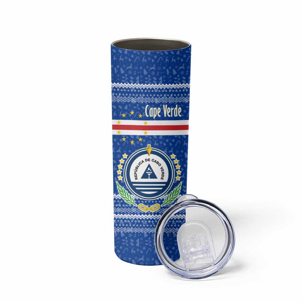 Cape Verde Christmas Skinny Tumbler with Blue Festive Pattern Sailing Santa and National Emblem Motif - Wonder Print Shop