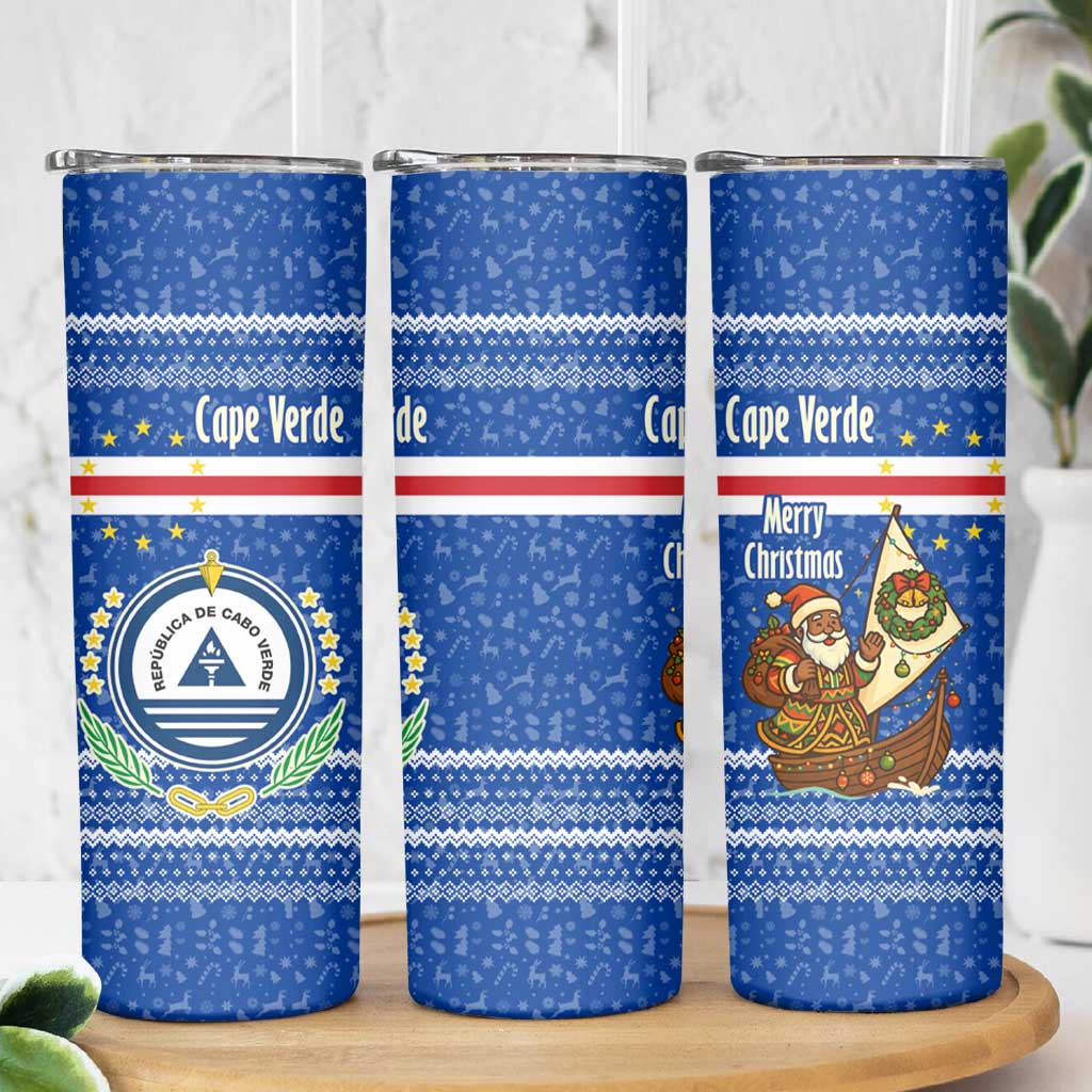 Cape Verde Christmas Skinny Tumbler with Blue Festive Pattern Sailing Santa and National Emblem Motif - Wonder Print Shop