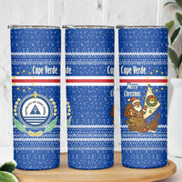 Cape Verde Christmas Skinny Tumbler with Blue Festive Pattern Sailing Santa and National Emblem Motif - Wonder Print Shop