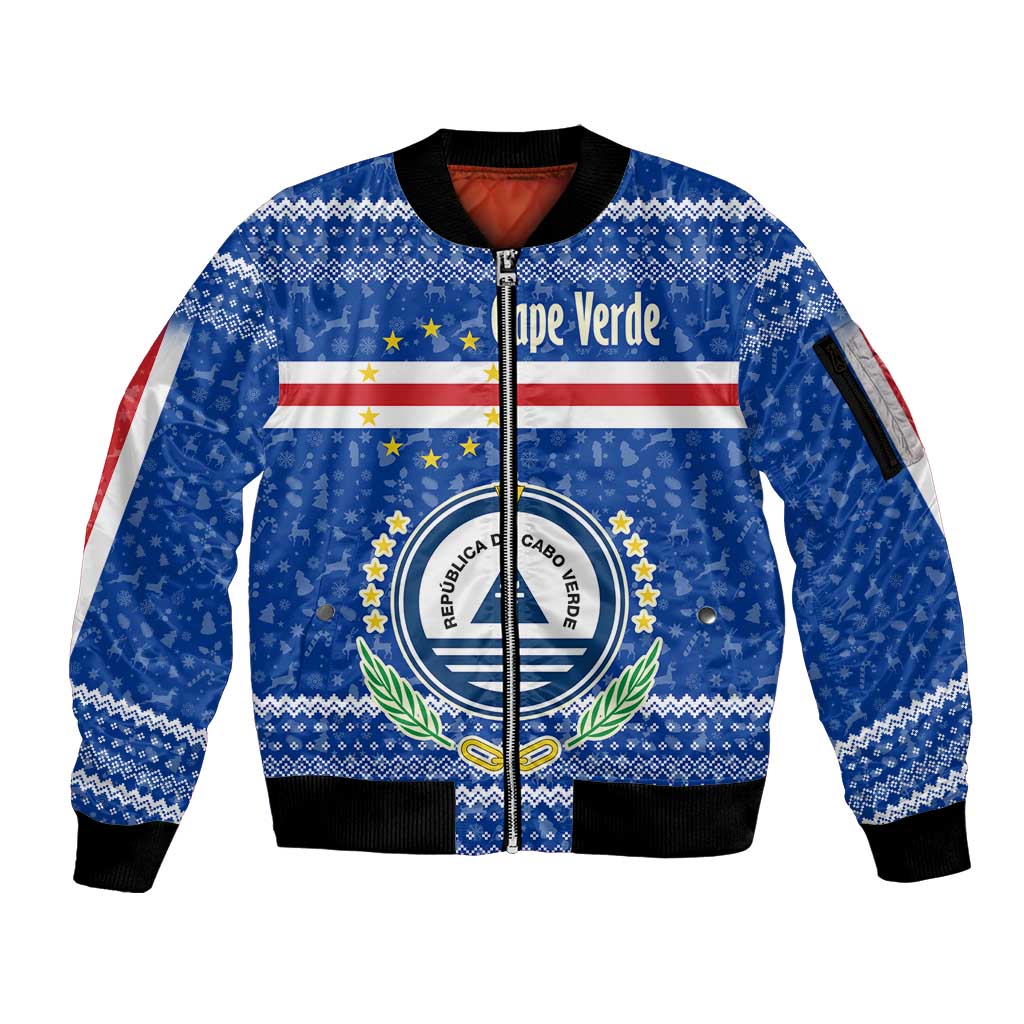 Cape Verde Christmas Sleeve Zip Bomber Jacket with Blue Festive Pattern Sailing Santa and National Emblem Motif - Wonder Print Shop