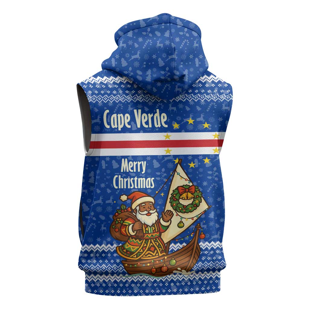 Cape Verde Christmas Sleeveless Hoodie with Blue Festive Pattern Sailing Santa and National Emblem Motif - Wonder Print Shop