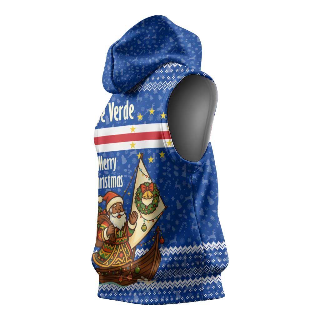 Cape Verde Christmas Sleeveless Hoodie with Blue Festive Pattern Sailing Santa and National Emblem Motif - Wonder Print Shop