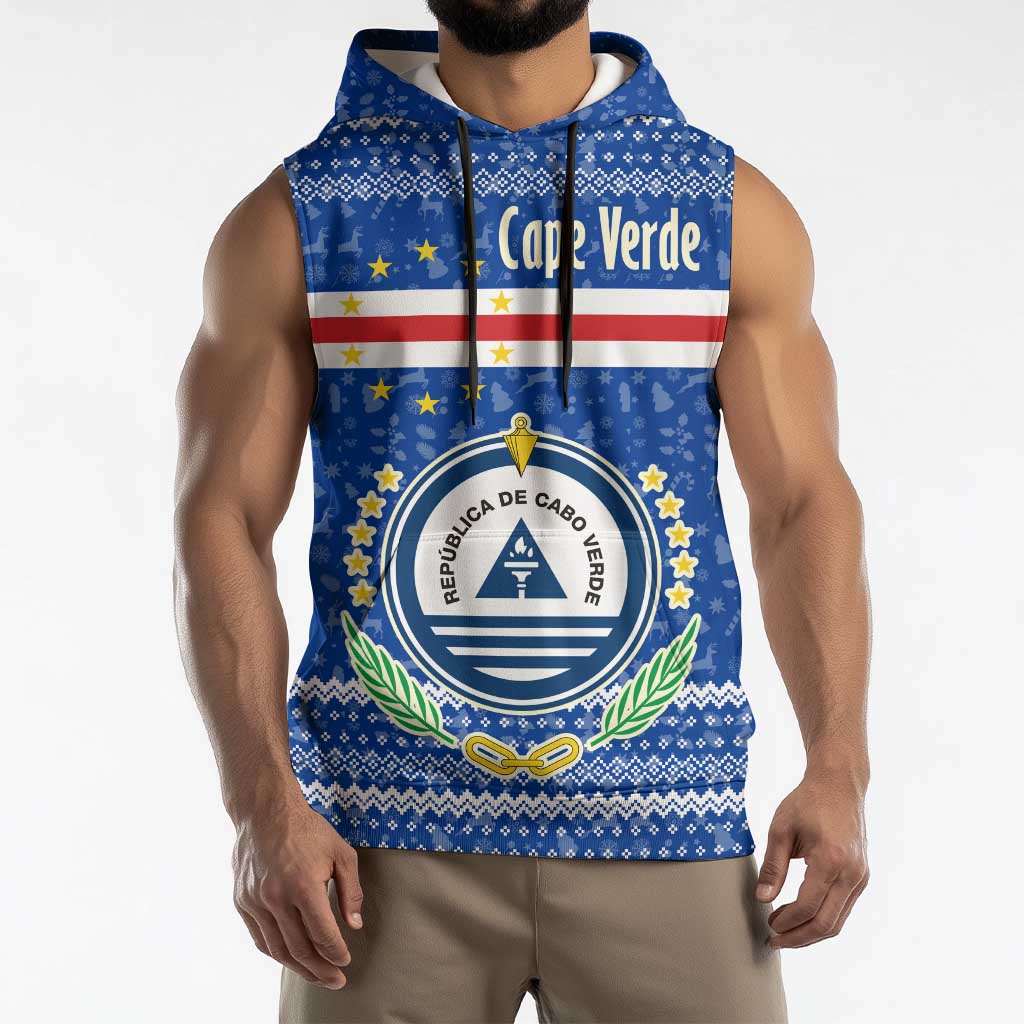 Cape Verde Christmas Sleeveless Hoodie with Blue Festive Pattern Sailing Santa and National Emblem Motif - Wonder Print Shop